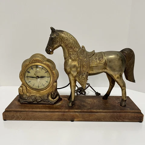 United Self Starting Vintage Horse Clock Bakelite Base Gold/ Bronze*Not Working* Cover