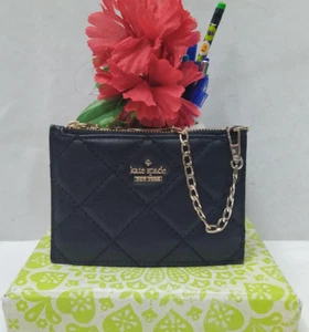 Kate Spade New York Black Leather Quilted Zipper Closure Coin Wallet - Afbeelding 1 van 13