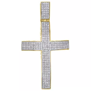 10K Yellow Gold Genuine Round Diamond Men's Domed Latin Cross Pendant 0.58 CT - Picture 1 of 6