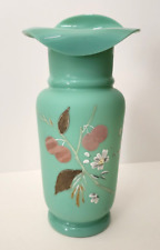 Vintage Hand Blown and Painted Sage Green Vase with Cherries and Floral