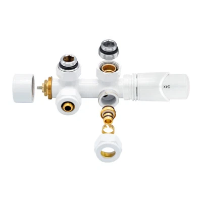 Anschlussgarnitur Mittelanschluss Heizkörper Thermostat Multiblock Eck Weiß NEU - Bild 1 von 4