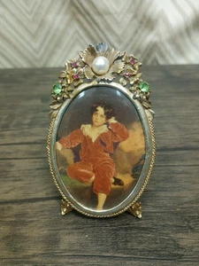 Vintage Florenza Gold Vergoldet Schmuck Perlen Strass Schmuck Oval Bilderrahmen - Bild 1 von 6