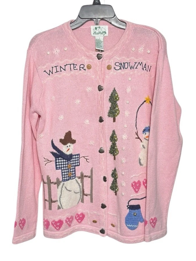 Vintage The Quacker Factory Snowman Pink Sweater Cardigan Size Small Embroidered - Image 1 of 4