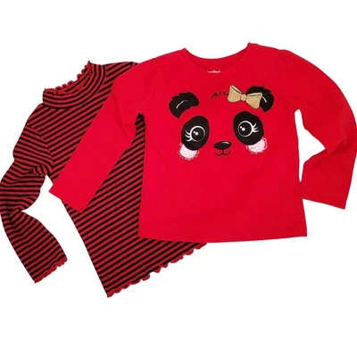 Camisas para niños pequeños talla 3T manga larga ojos de panda y borde con volantes rayas rojo negro Foto 1 de 4