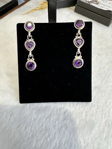 Beautiful Tourmaline 3 Stone Drop Earrings 925 Silver Heavy Circles & Heart - Picture 1 of 12