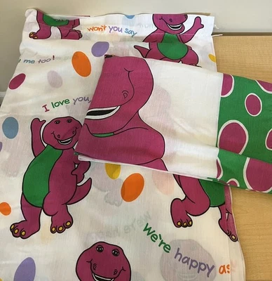 Vintage 1992 BARNEY Size TWIN Flat Bed Sheet and Pillowcase Purple Dinosaur - Image 1 of 4