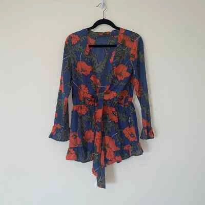 Pantalones Cortos Floral Tularosa Bishop Azul Melocotón Volantes Manga Larga Talla Pequeña Foto 1 de 4