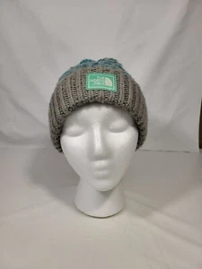 North Face Mint Gray Blue Beanie Hat With Pom Youth M - Picture 1 of 11