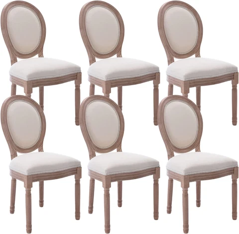 French Country Dining Chairs Set of 6, Vintage Louis Chairs with Curved Backrest Cover