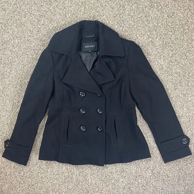 Jaqueta feminina Nine West 8 preta mistura de lã botão para cima inverno casaco ervilha - Imagem 1 de 4