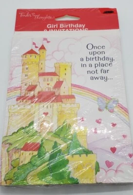 Vintage 8 Princess Birthday Party Invitations Castle Rainbow Tender Thoughts  - Image 1 of 2