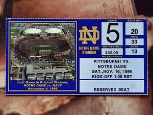 1996 Notre Dame Fighting Irish Football Ticket Stub. Pittsburgh. NCAA Football. - Picture 1 of 3