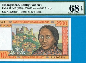 MADAGASCAR-2500 FRANCS-1998-PICK 81-S/N A16702654 **PMG 68 EPQ SUPERB GEM UNC** - Picture 1 of 3