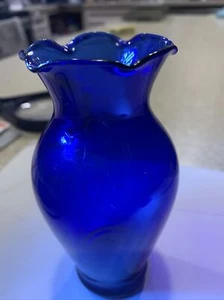 Cobalt Blue Glass Vase ruffled top Swirl  - Picture 1 of 5
