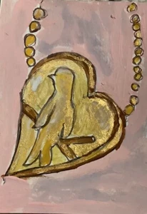 Hand Painted Aceo Golden Bird Heart 3.5x2.5” ATC OOAK - Picture 1 of 2