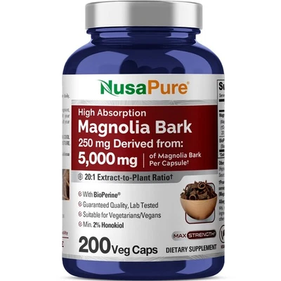 Extracto de corteza de magnolia NusaPure 20:1, 250 mg equivalente a 5.000 mg 200 vegano Foto 1 de 4