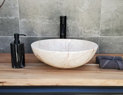 Round Marble Vessel Bathroom Sink, 18 x 15 inch Natural Neutral Stone Hand Basin - Image 1 of 4