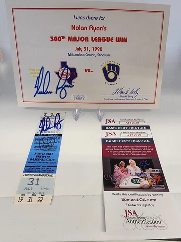 Nolan Ryan's 300th Win Ticket Stub and (I was there certificate) Both signed JSA Cover