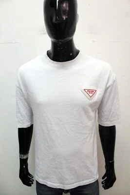 Prada Maglia Taglia M Uomo Maglietta Bianca T-Shirt In Cotone Esiva Logo Foto 1 de 4