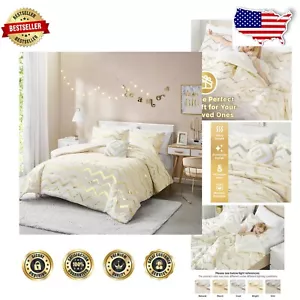 Ivory and Gold Twin Comforter Set - Modern Striped Design for Teen Girls - Picture 1 of 9