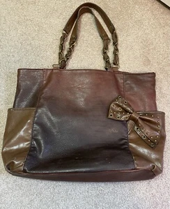 Jessica Simpson Tote Purse Handbag Travel Bag Brown Faux Leather with Bow Accent - Picture 1 of 9
