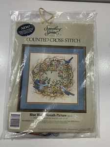 Something Special Counted Cross Stitch Blue Birds Wreath With Flowers 14" x 14" - Picture 1 of 4