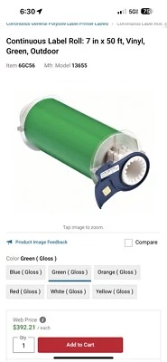 Brady 13655 Tape; 50 ft Length x 7 inch Width, Vinyl Film,GREEN ,O/B, FAST SHIP! - Image 1 of 4