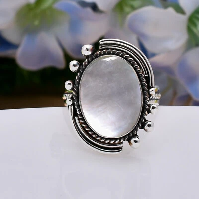 Natural Mother Of Pearl Oval 925 Sterling Silver Ring Handmade Jewelry Gift. - Image 1 of 4
