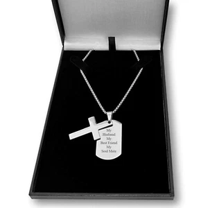 Men's Dog Tag Necklace with Cross, Engraved, Personalised Gift, Silver Steel - Picture 1 of 21
