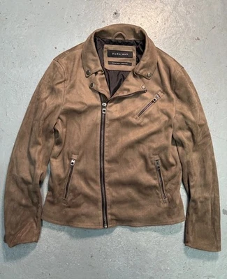 Zara Man Mens Faux Suede Biker Jacket L Brown Moto Zip Up Coat Rider Style Retro - Image 1 of 4
