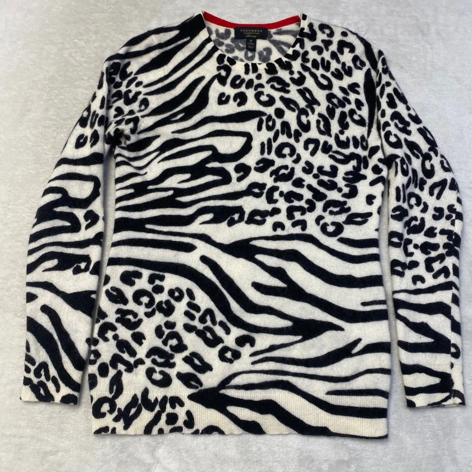 Suéter Charter Club Lujo Cachemira Mujer Talla M Estampado Cebra Leopardo Borde Rojo Foto 1 de 4
