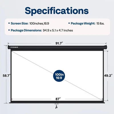 Screens Manual 100" 16:10 Manual Pull Down Projector Screen 4K Retract Black - Image 1 of 3