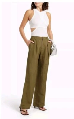 Pantalones Paige Dallas Talla 8 Verde Ejército Plisado Lino Pantalones Pierna Ancha Tiro Alto Foto 1 de 4