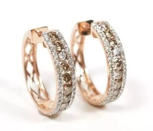 2Ct Round Cut Created Chocolate Brown Diamond Hoop Earrings 14K Rose Gold Plated - Picture 1 of 3