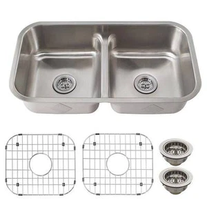 SCHON SC505018 UNDERMOUNT 18 GAUGE STAINLESS DOUBLE BOWL KITCHEN SINK MSRP $425 - Picture 1 of 6