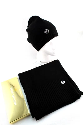 Nuevo MICHAEL KORS Negro con Logo MK 2 Piezas Conjunto Clásico de Sombrero y Bufanda VENTA AL POR MENOR $98 Foto 1 de 4