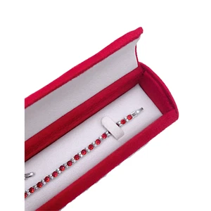 White Gold Finish Created Diamond Red Ruby Cluster Round Cut Tennis Bracelet - Picture 1 of 5