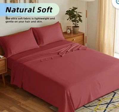 New Sonora Kate Burgundy 4 Piece King Sheet Set / Sateen / 1800 Luxury - Image 1 of 4