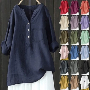 Women Long Sleeves Pullover Cotton Linen V-neck Blouse Tops TEE Shirts PLUS SIZE - Picture 1 of 30