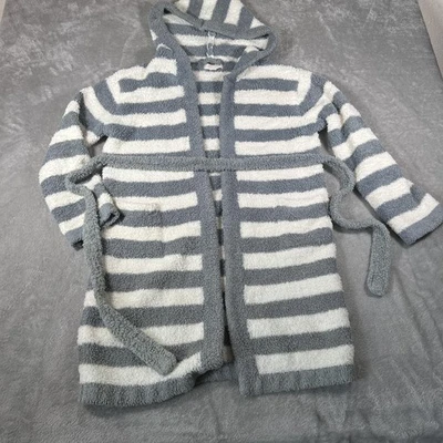 Barefoot Dreams Cozychic 女式大号灰色白色条纹连帽长袍 578 — 第 1/4 张图片