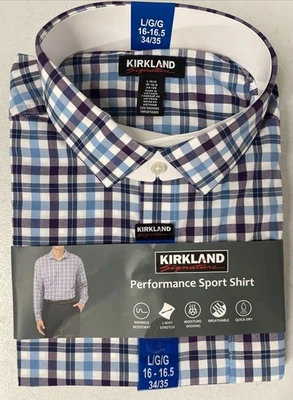 Kirkland Sig Mens Performance Sport Shirt LARGE 16-16.5, 34/35 BLUE/PURPLE Check - Image 1 of 4