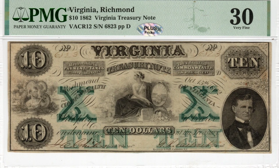 VA CR12 1862 $5 Virginia Paper Money - PMG VF30 - J Green & Son watermark - RARE - Image 1 of 3
