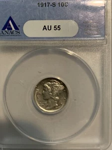 1917 S Mercury Dime ANACS AU55 Genuine 90% Silver Bullion Looks White FT 10 Cent - Picture 1 of 4