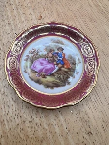 Vintage Limoges France Tiny Dish Collector Plate Red Gold Courting Couple Floral - Picture 1 of 4