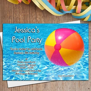 10 Personalised Swimming Pool Birthday Beach Ball Party Invitations N16 - Picture 1 of 1