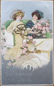 Valentine 1910 Postcard, Woman Driving Car, Silver, Embossed Color Litho - Picture 1 of 1