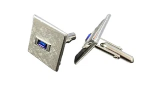 Swank - Vintage Cufflinks - Silver Tone with Blue Gem Accent Cufflinks Geometric - Picture 1 of 11