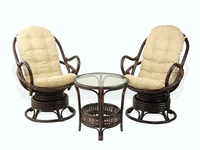 Juego de 2 mecedoras giratorias de ratán y mesa de centro Lounge Java, marrón oscuro Foto 1 de 4