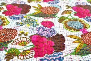Indian Handmade Floral Print Throw Blanket Bedspread  Cotton Kantha Quilt Throw - Picture 1 of 41