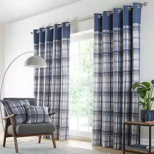 Curtains Blue Grey eyelet ring top lined curtains tartan check ready made - Picture 1 of 12